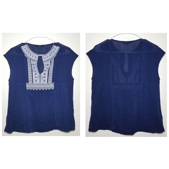 Madewell|Blue Embroidered Lace Short Sleeve Top, SMALL - Picture 2 of 5
